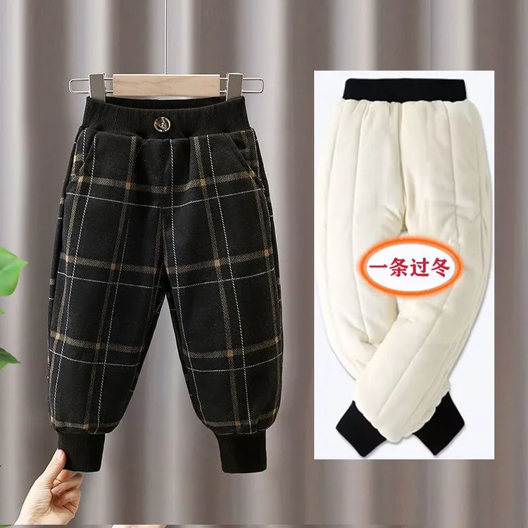 小童冬季加绒格子裤子男童宝宝过冬款三层加厚棉裤儿童呢子长裤潮