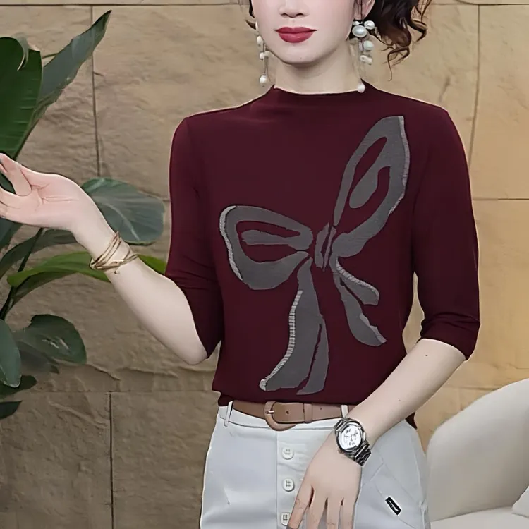 【歌莱图】2025新款时尚蝴蝶印花修身显瘦中袖T恤减龄百搭上衣#6082