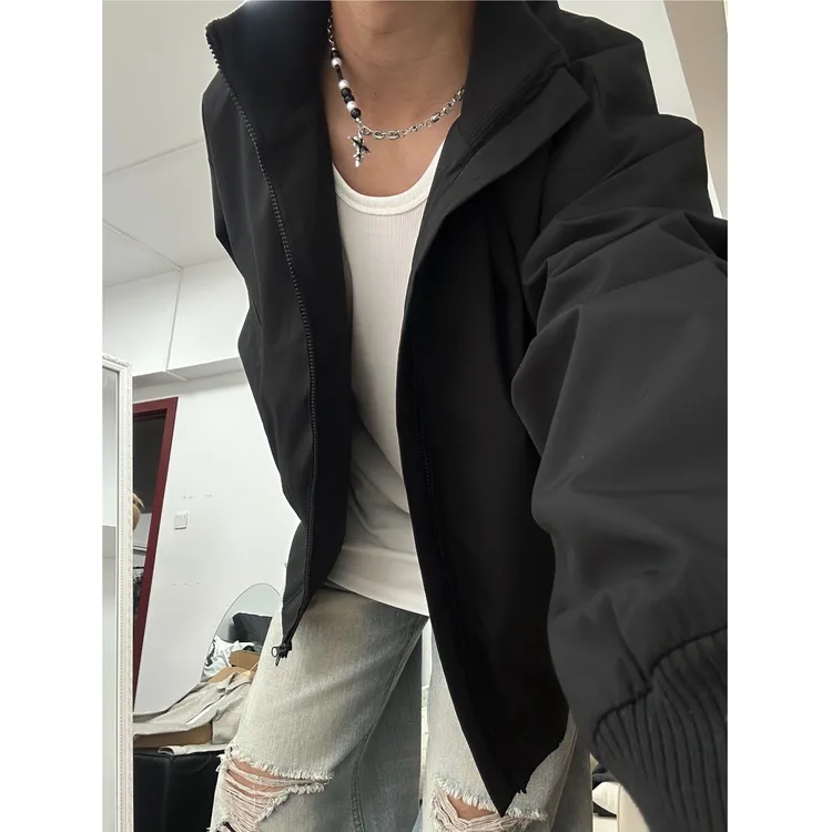 bomber纯黑色短款廓形飞行员夹克男款秋季美式cleanfit立领外套潮