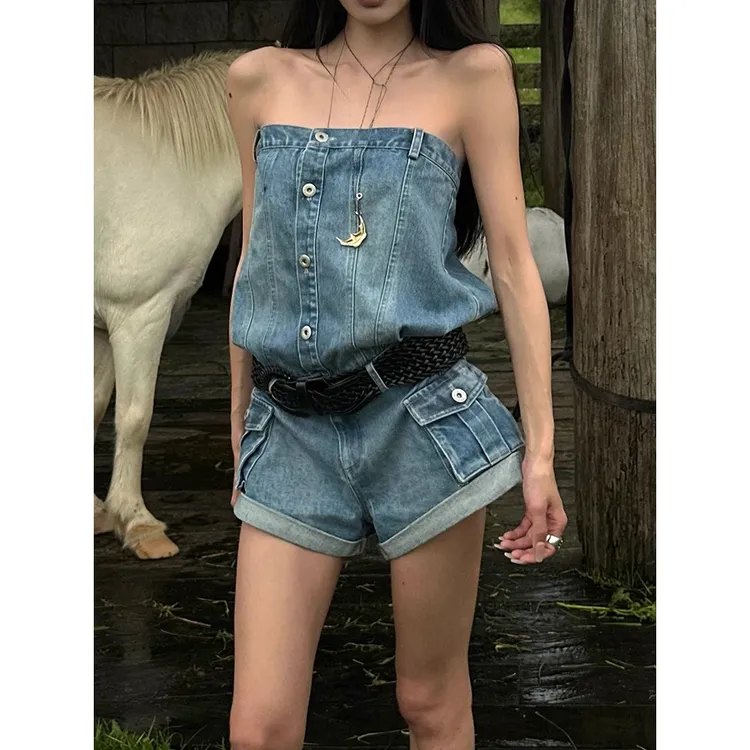 美式辣妹小众牛仔短裤女2025夏季宽松显瘦ins潮流百搭连体连衣裤