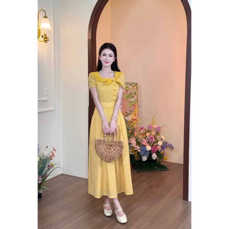【黄桃派】法式复古甜美风撞色显瘦黄色连衣裙 XMZH8084