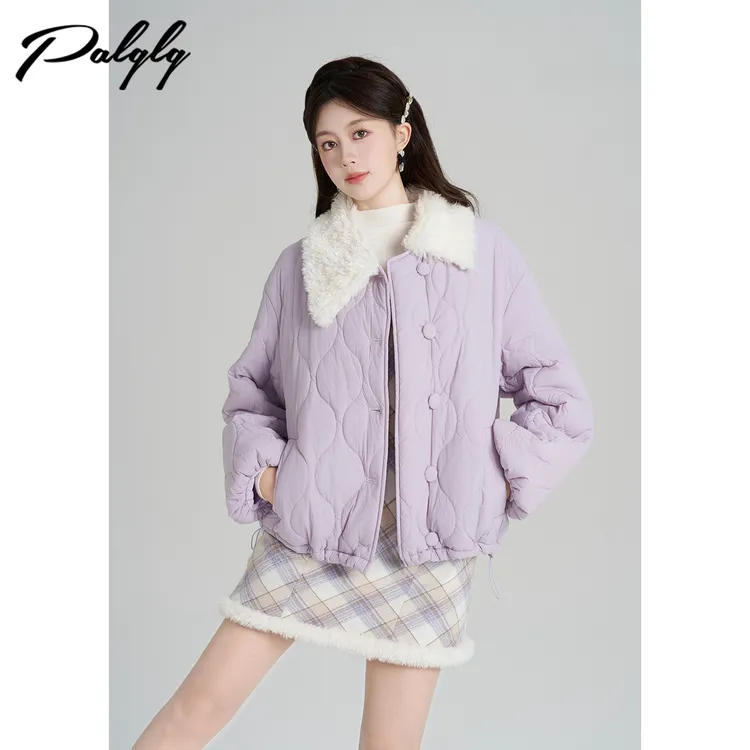 Palglg法式毛领紫色短款棉服外套女冬甜美加厚面包服54PWG44761