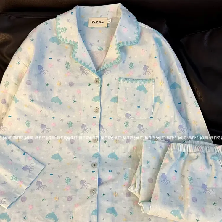 侘町2025新款薄荷海底小鱼春秋季长袖睡衣套装女纯棉可外穿家居服