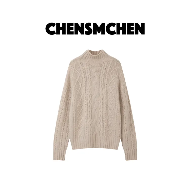 CHENSMCHEN 100绵羊毛绞花复古套头针织衫女百搭上衣CSM11447MX