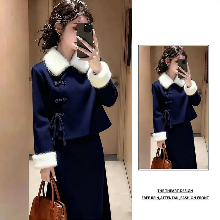 名媛新中式穿搭一整套女2025新款加绒斜襟盘扣上衣气质半身裙套装