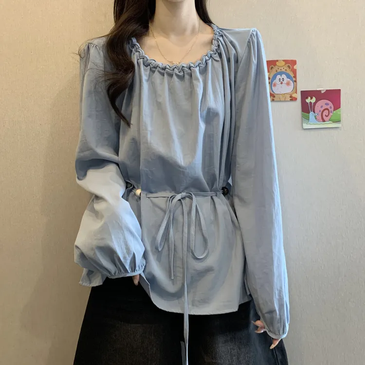 设计感正肩系带编绳串珠长袖衬衫秋装大码微胖MM收腰别致遮肉上衣