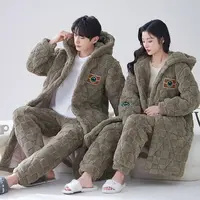 秋冬季2024年情侣款加绒加厚三层夹棉睡衣保暖长款可外穿家居服