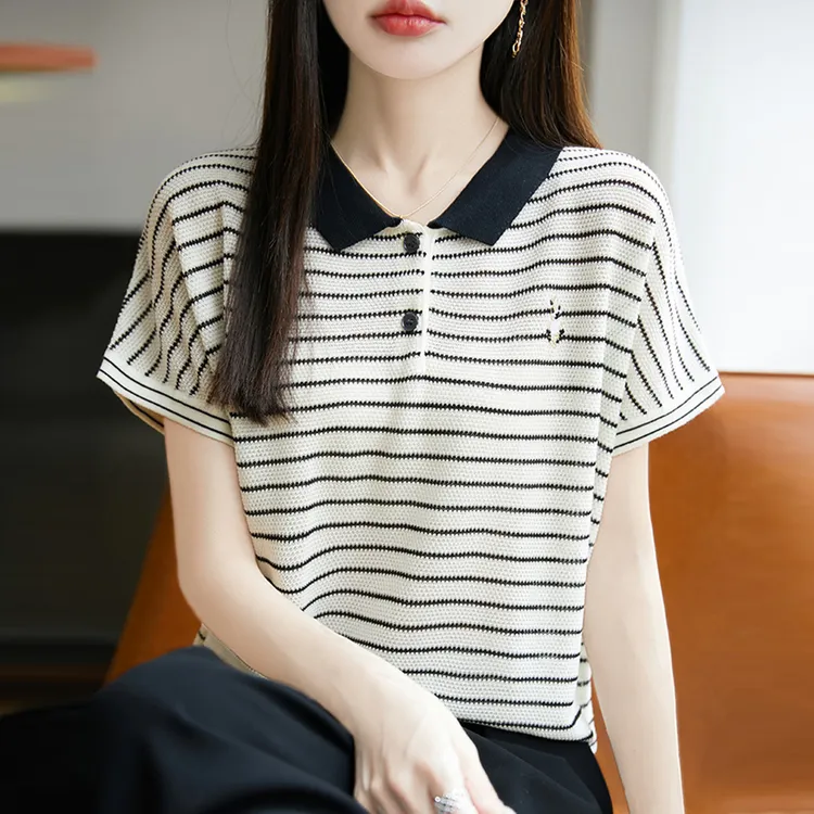微胖mm夏装大码冰丝针织衫女士条纹短袖t恤遮肚子巨显瘦翻领上衣