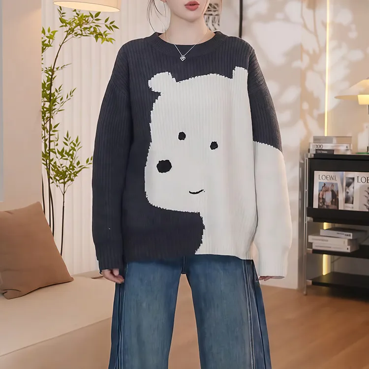 2025冬季新款趣味小熊提花针织衫设计感时尚宽松长袖毛衣女装上衣