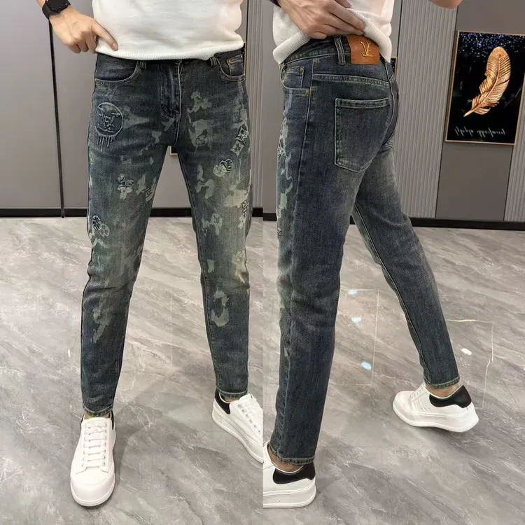 男裤秋冬新款轻奢牛仔裤时尚百搭小脚裤潮流提花长裤修身显瘦裤子