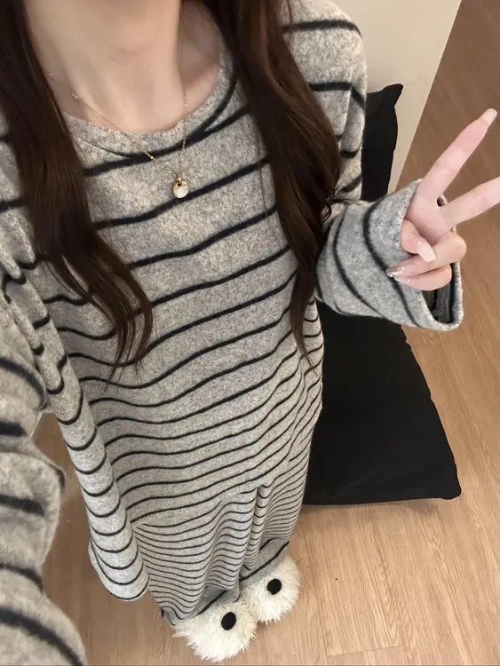 简约条纹舒适德绒睡衣女款2025秋冬季保暖宽松可外穿家居服套装