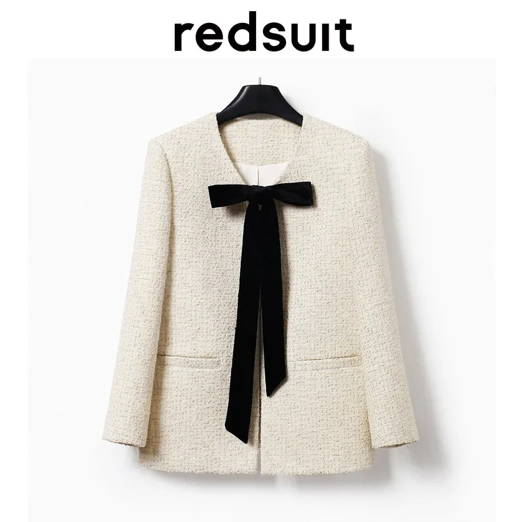 redsuit 名媛气质时尚V领蝴蝶结飘带设计小香风花呢外套轻奢上衣
