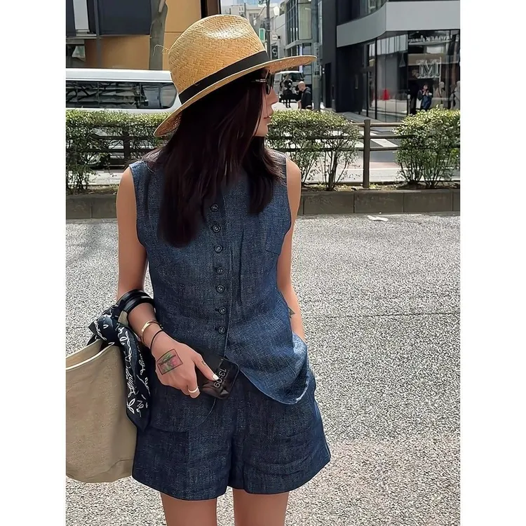 复古蓝牛仔套装女2025夏港风休闲无袖马甲开衫短裤时尚两件套