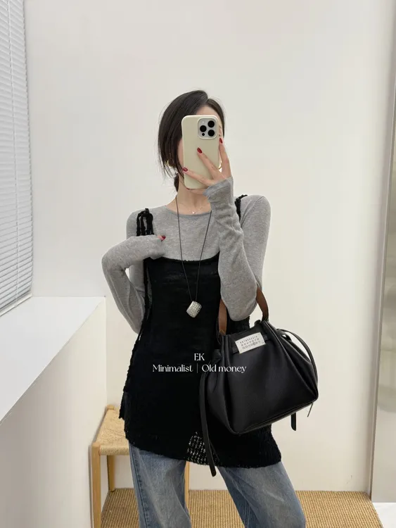 EK秋季新款慵懒老钱风百搭长袖打底衫针织吊带背心两件套女1173