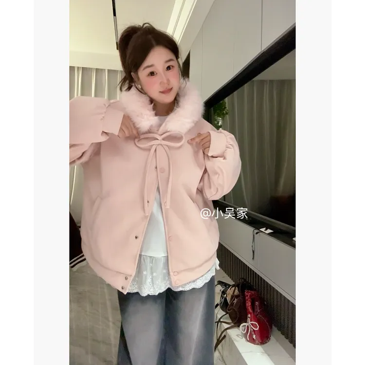 「小吴家」蝴蝶结绑带大毛领连帽外套秋冬小个子毛呢外套➕花边打底