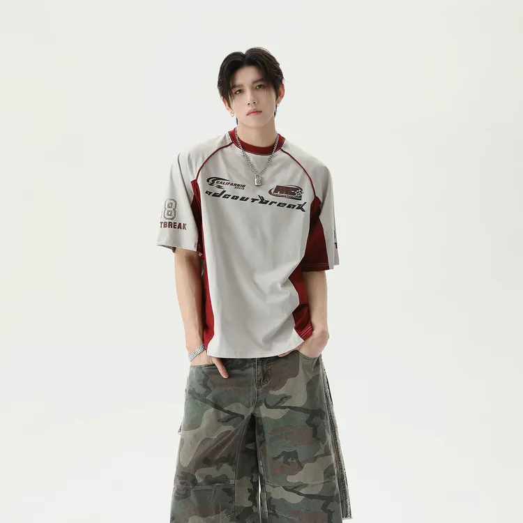 TURNTIDE美式复古简约字母印花圆领拼接短袖宽松百搭休闲夏季T恤