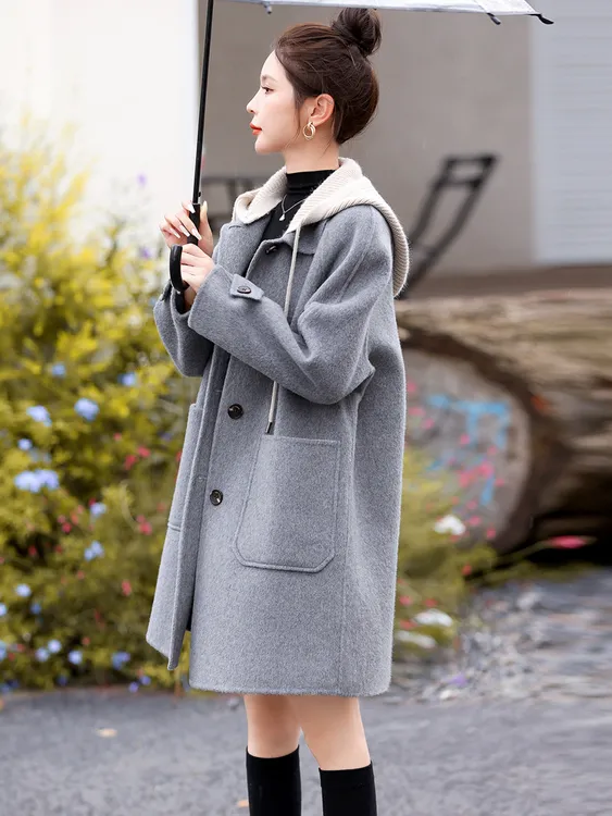 2025秋冬小个子休闲连帽双面羊绒大衣女中长款爆款高级感毛呢外套