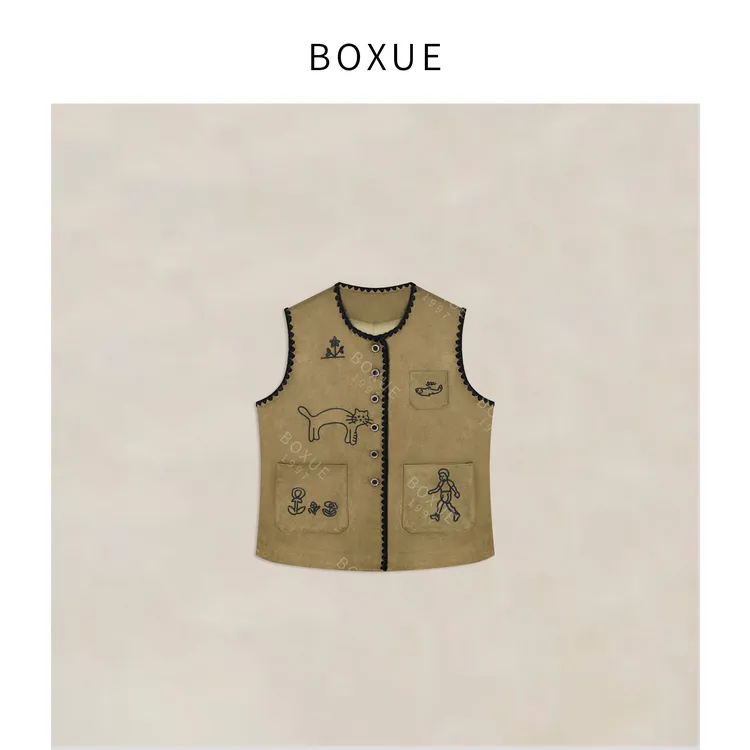 BOXUE“旅行猫”2025秋季高级感绘画猫咪马夹轻奢 外套#250805W3462