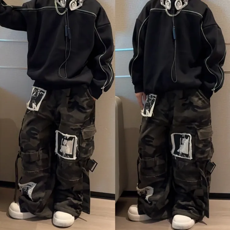 乐乐家儿童秋冬款贴布迷彩嘻哈复古做旧工装裤绑带设计街舞感长裤