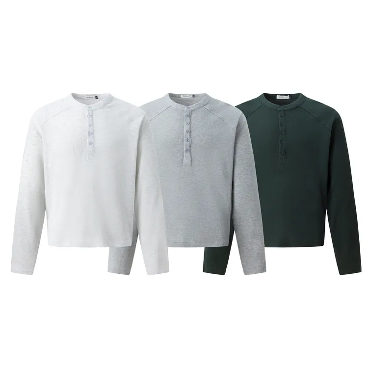 高级感亨利领华夫格插肩袖长袖T恤男女cleanfit休闲内搭上衣