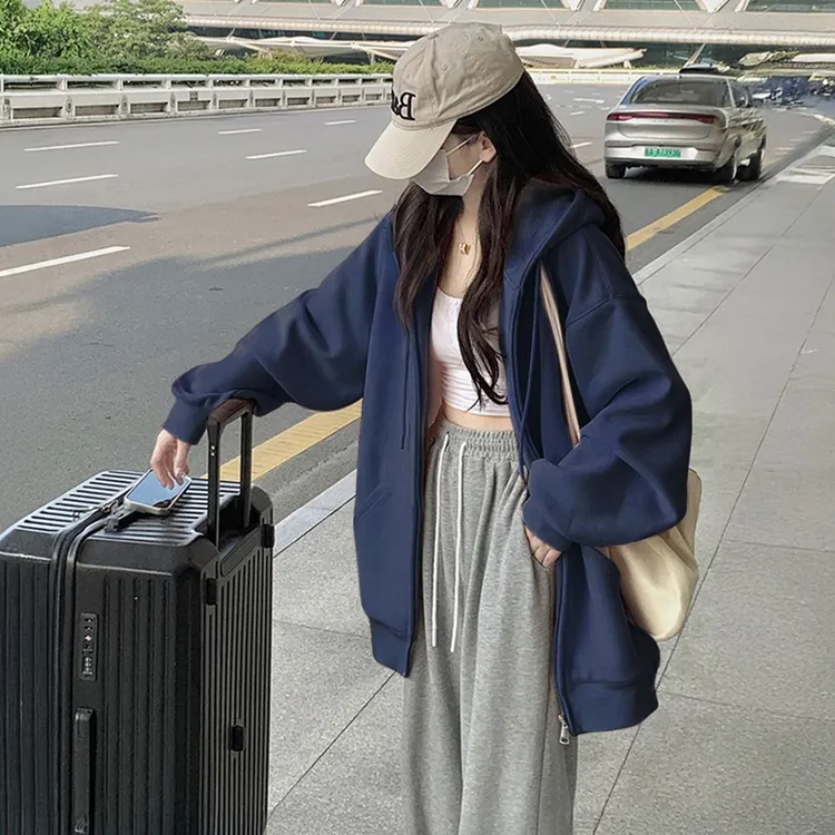 韩系chic拉链设计感外套女秋冬款大码宽松加绒加厚卫衣ins潮上衣