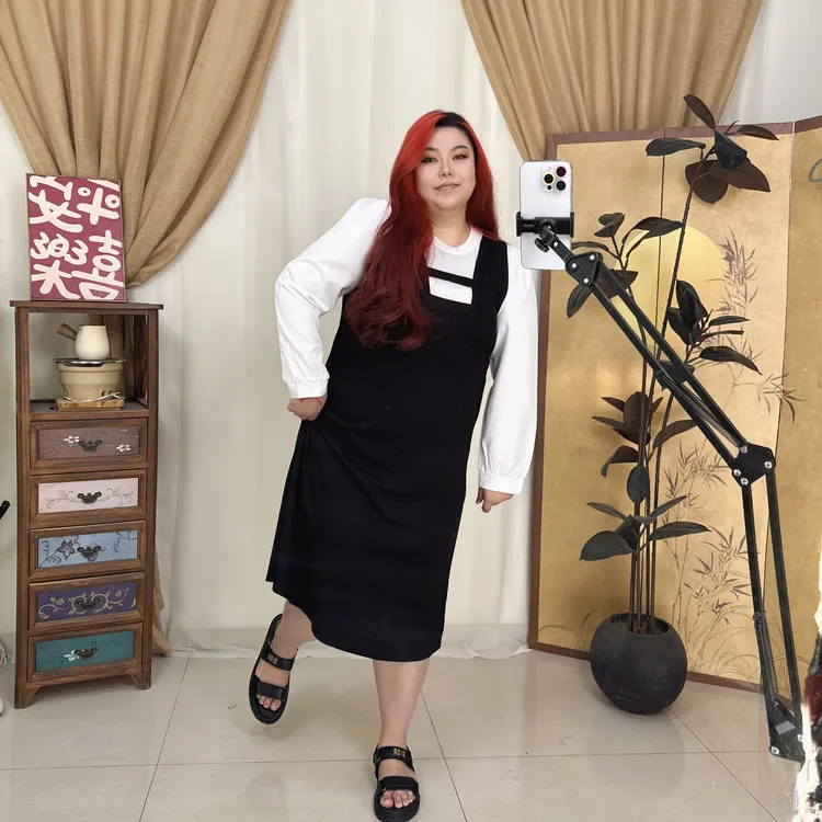 大码爆款真两件黑白拼接衬衫袖显瘦长裙