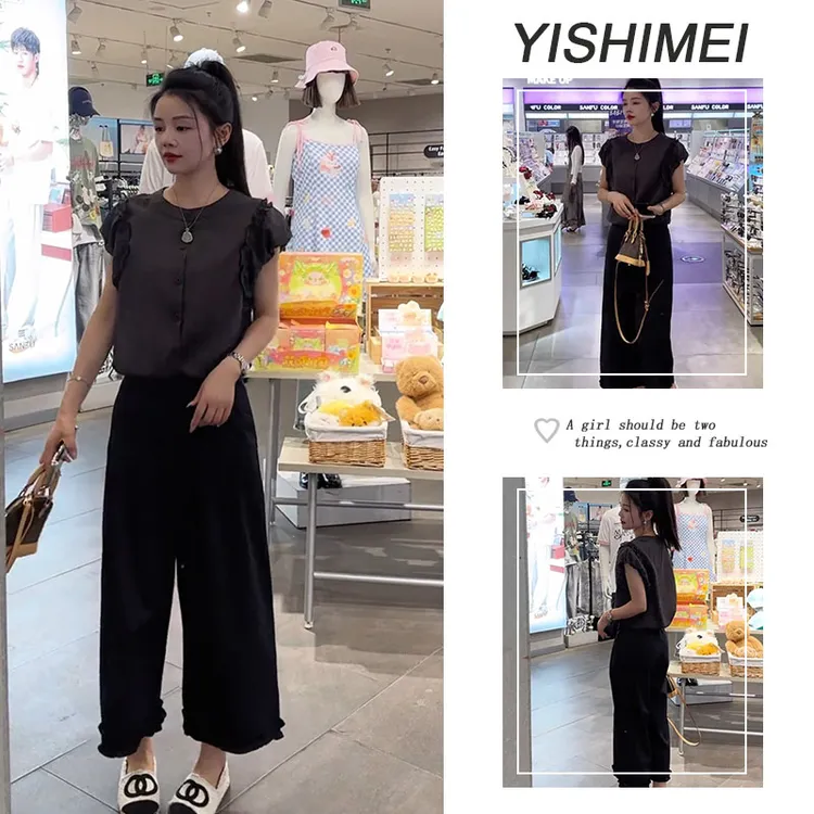 2025年夏季时尚穿搭休闲风新款爆款显瘦花边拼接上衣休闲裤两件套