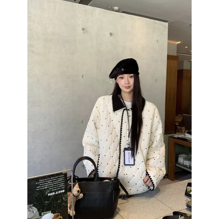 2025新款冬季外套洋气独特别致小棉袄白色波点棉衣