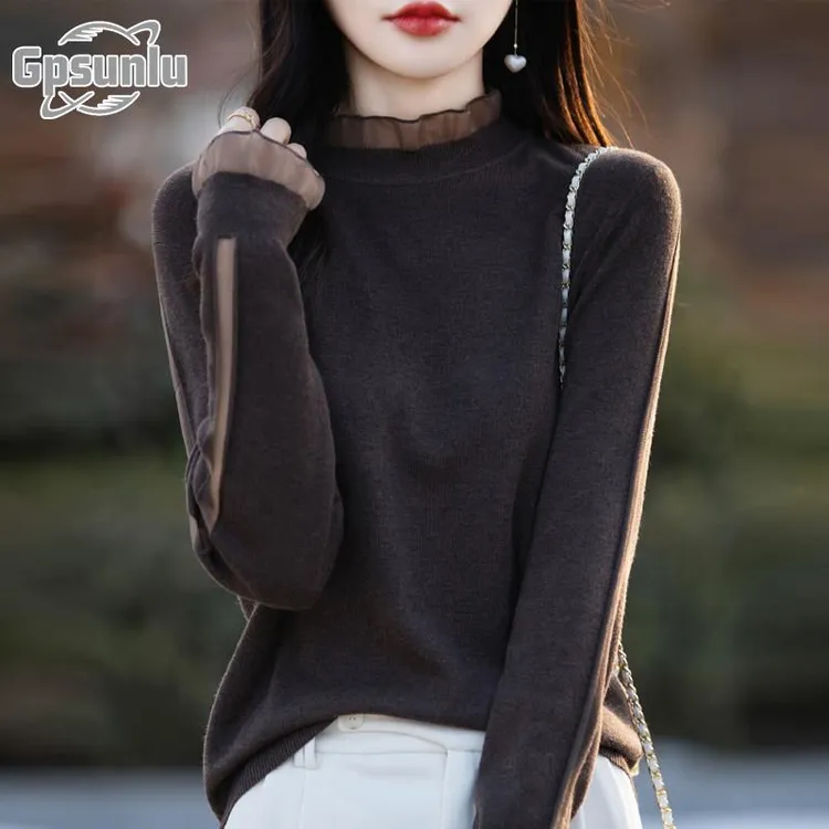 gpsunlu蕾丝打底衫女春秋休闲显瘦气质洋气针织上衣宽松时尚毛衣