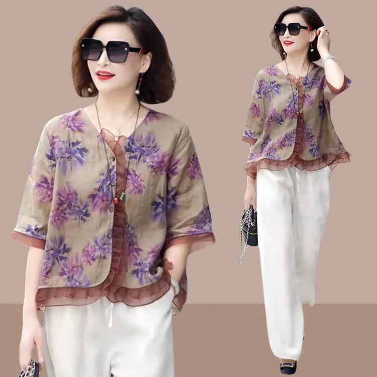 2026夏季文艺宽松显瘦百搭时尚衬衫印花漂亮洋气大码五分袖上衣女