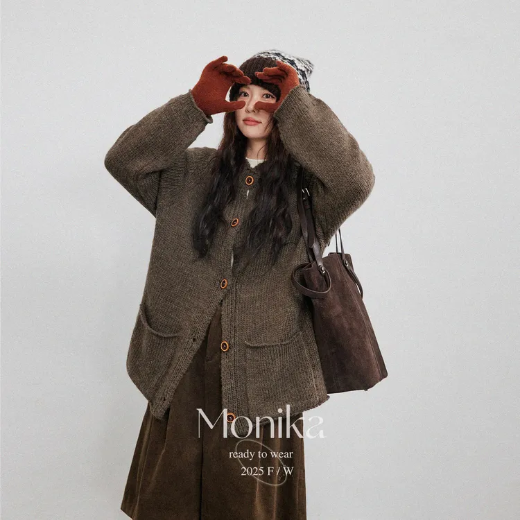 大码女装胖mm棕色针织开衫秋冬宽松显瘦高级感外套15602