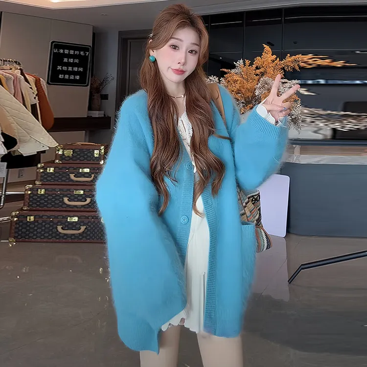 慵懒风宽松时尚毛衣女2025年秋冬新款多巴胺温柔风单排扣开衫上衣