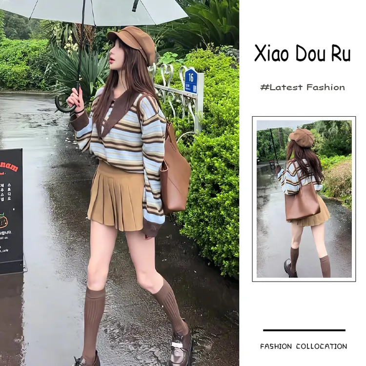 秋季流行穿搭一整套新款2025韩系减龄显瘦条纹针织毛衣短裙两件套