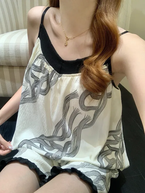 夏季云感棉复古条纹吊带短裤睡裙套装2025新款夏日可外穿家居服