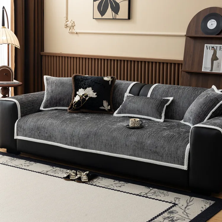 直排现代轻奢沙发垫四季通用简约竖条纯色盖布防滑雪尼尔坐垫套罩