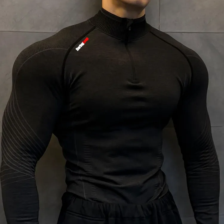 时尚弹力无缝健身运动长袖T恤男士半拉链透气速干修身跑步训练服