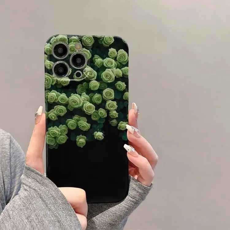 绿色满屏玫瑰适用苹果16promax手机壳复古iPhone15pro保护套14p女
