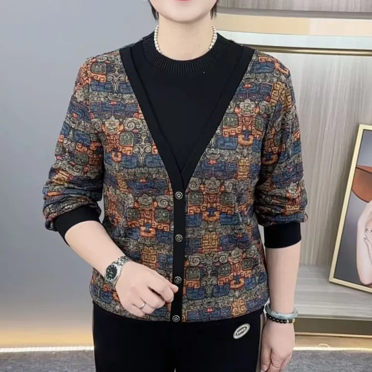 秋冬新款时尚圆领假两件中老年气质妈妈装休闲百搭长袖上衣H1503