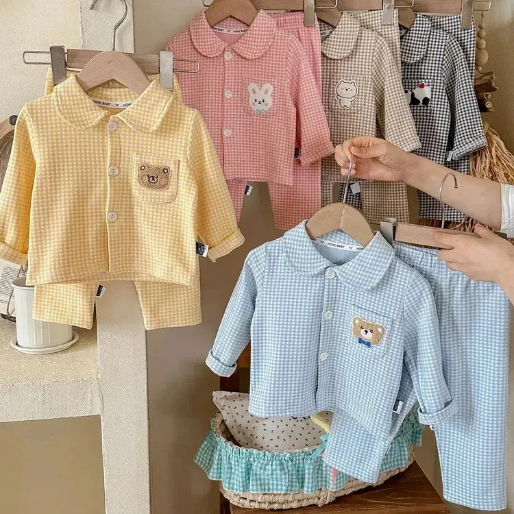 儿童睡衣秋男女童磨毛睡衣套中小童宝宝家居服两件套春秋格子长袖商品图