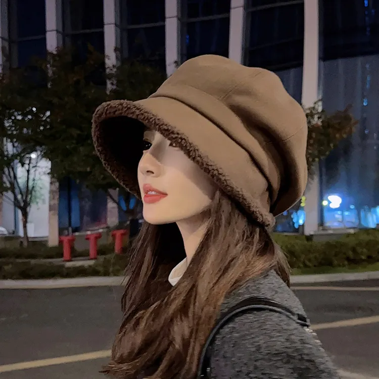 秋冬帽子女加绒日系显脸小防寒护耳休闲羊羔毛八角夹棉毛边贝雷帽