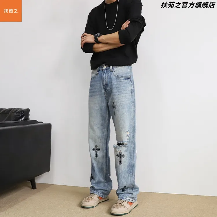 男士克罗十字架破洞牛仔裤男春夏潮牌宽松美式高端直筒长裤