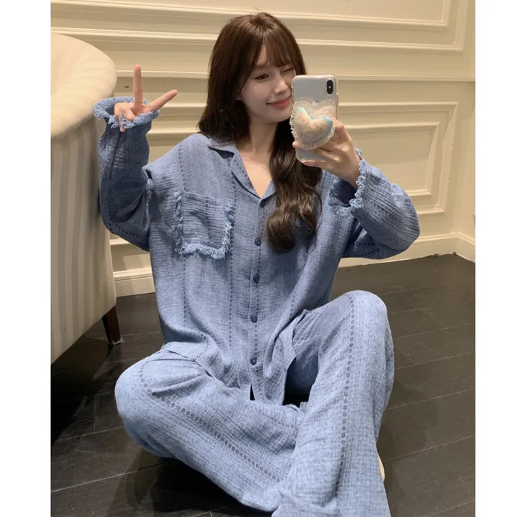 复古蓝色高级感翻领双层纱睡衣女款春秋季长袖长裤纯棉家居服套装