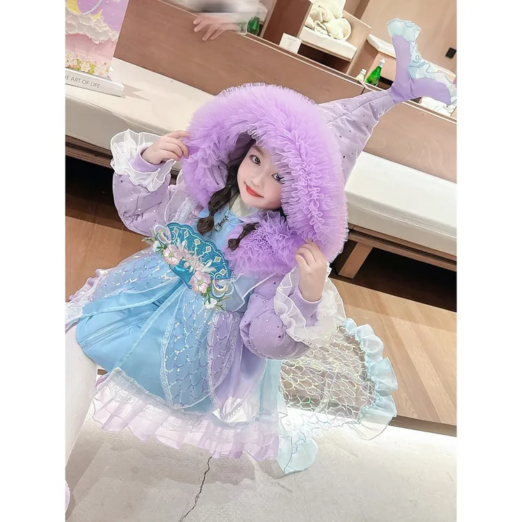 女宝宝加厚美人鱼洛丽塔白鸭绒冬季女小童卡通连帽公主棉服外套潮
