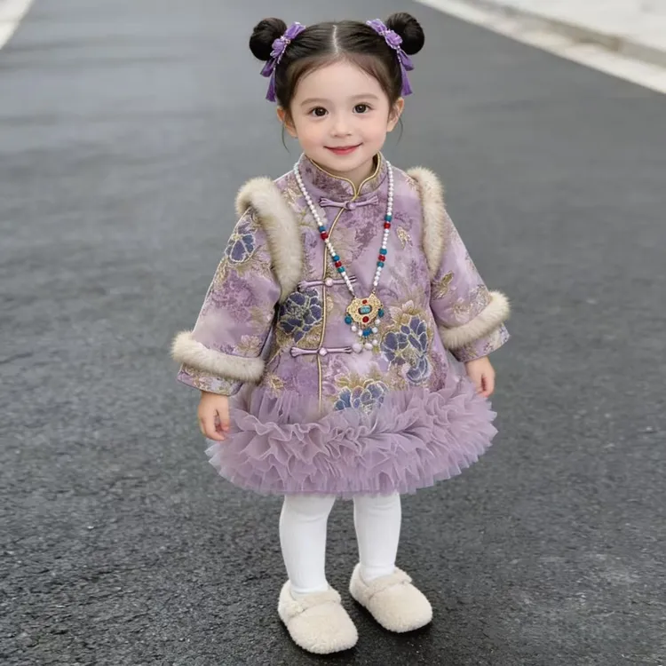 新款拜年服加绒加厚新中式中国风旗袍连衣裙冬款国风宝宝套装汉服