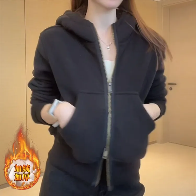 2025秋冬新款时尚百搭连帽加厚加绒休闲上衣宽松纯色卫衣女短外套