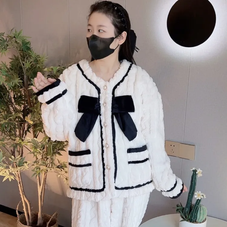 [专柜版]2025年秋冬季加绒加厚可外穿小香风蝴蝶结家居服睡衣套装