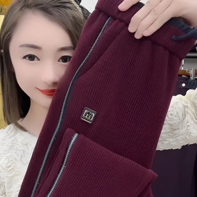 J9097 秋冬款加厚雪尼尔高腰显瘦侧钻条休闲小脚裤