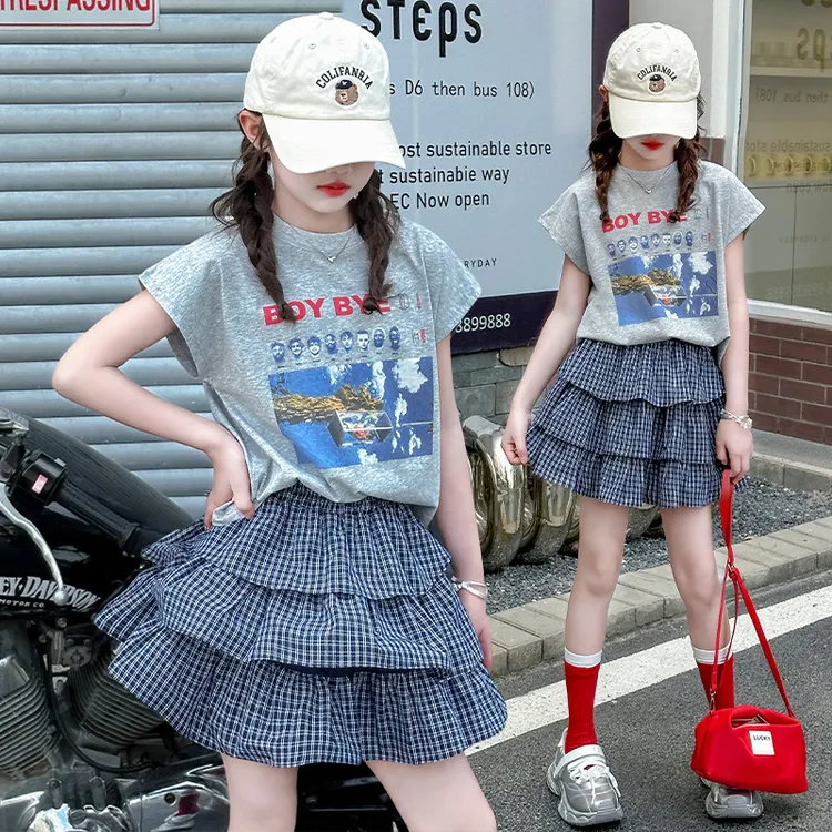 女童夏季美式复古套装2025新款儿童短袖t恤格子蛋糕半身裙两件套