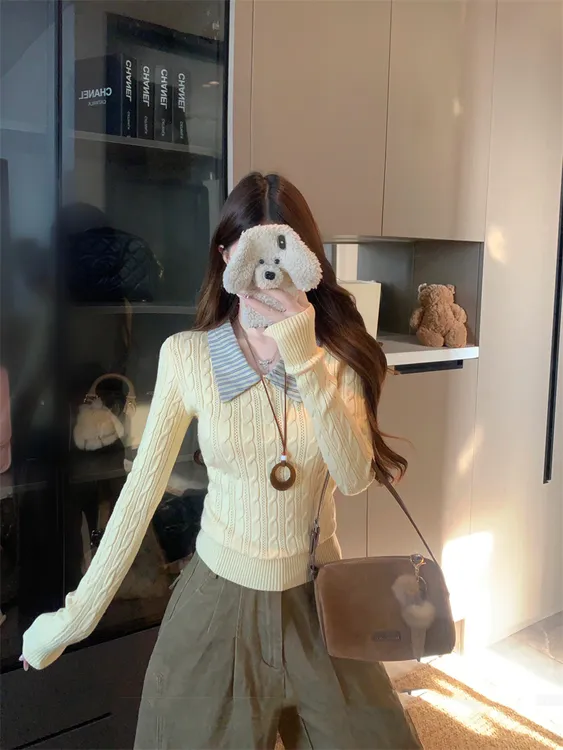 黄色v领麻花拼条纹假两件毛衣针织衫女款冬季新款内搭上衣