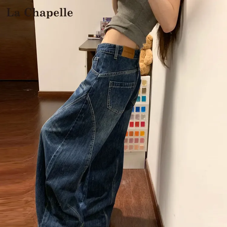 拉夏贝尔美式复古阔腿牛仔裤女2025秋季新款高腰宽松弯刀直筒裤子